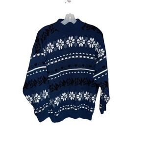 American Pride Snowflake Knit Sweater Blue Winter Mock Neck Large Vintage